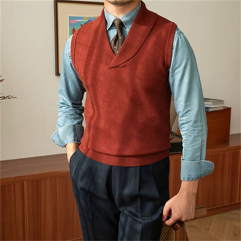 Knit Shawl Collar V Neck Sweater Vest for Men | Regular Fit Layering Top