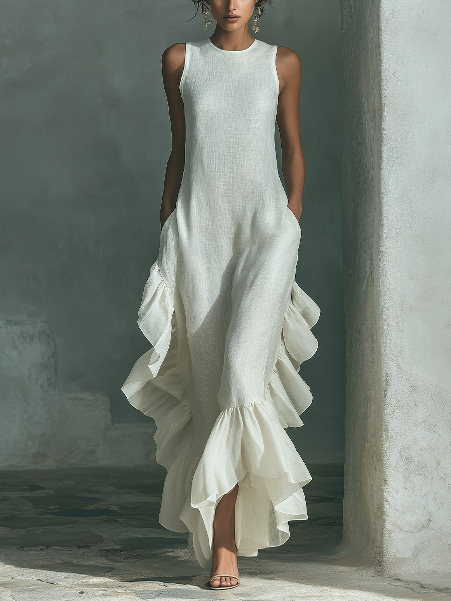Linen Round Neck Sleeveless Maxi Dress for Women | Asymmetric Ruffle Hem