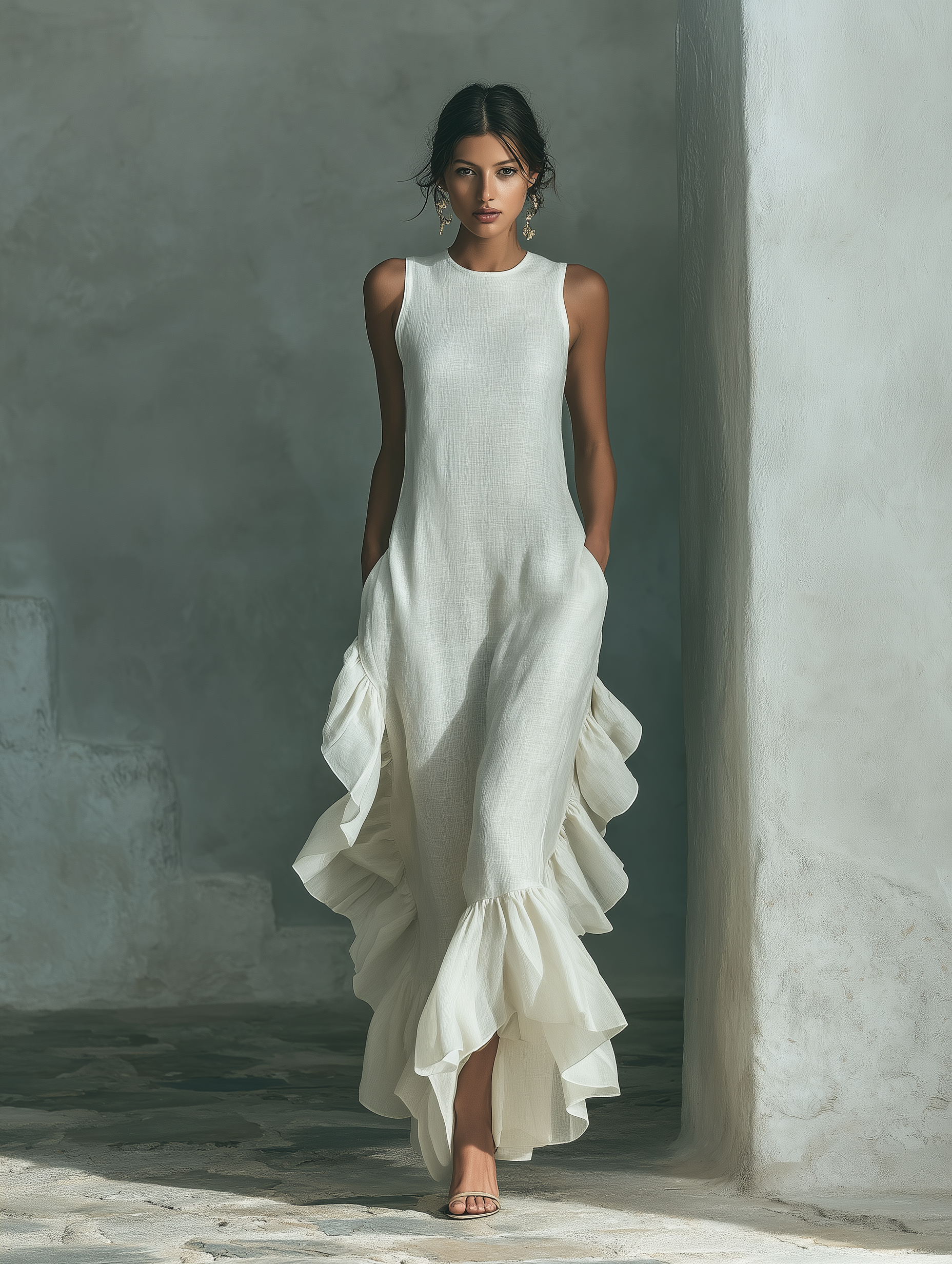 Linen Round Neck Sleeveless Maxi Dress for Women | Asymmetric Ruffle Hem