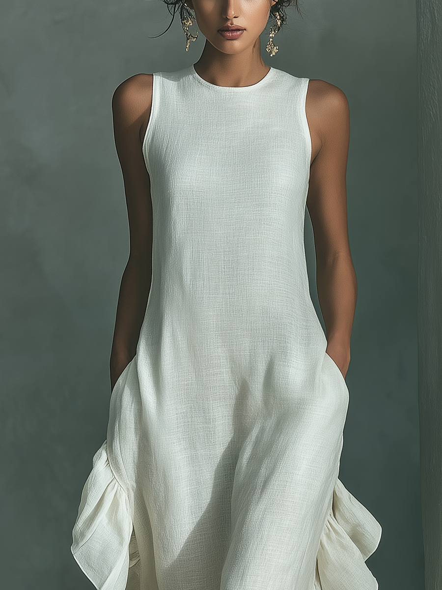 Linen Round Neck Sleeveless Maxi Dress for Women | Asymmetric Ruffle Hem