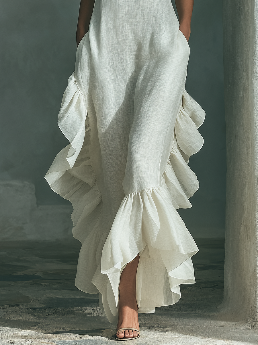 Linen Round Neck Sleeveless Maxi Dress for Women | Asymmetric Ruffle Hem