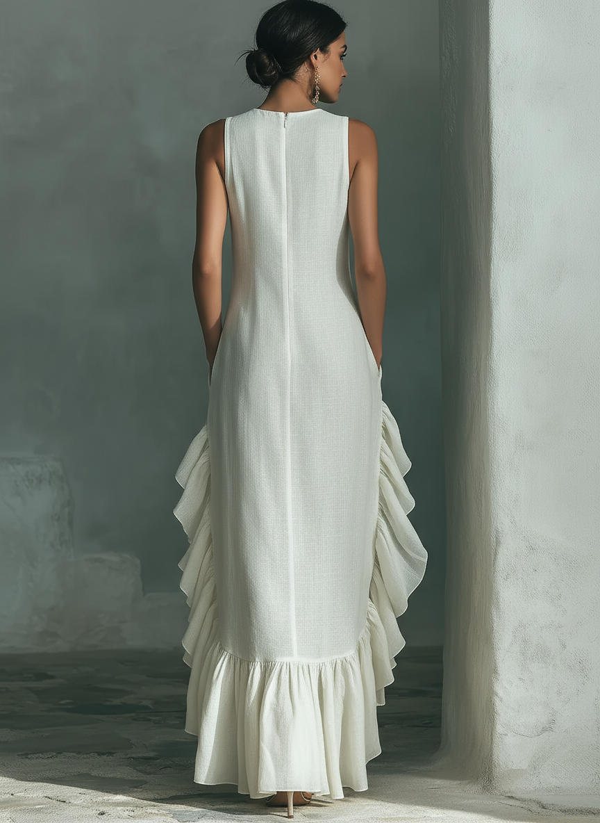Linen Round Neck Sleeveless Maxi Dress for Women | Asymmetric Ruffle Hem