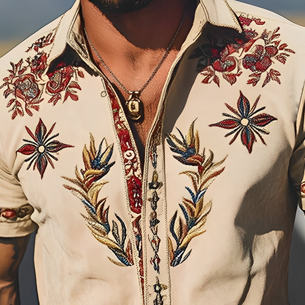Light Khaki Embroidered Short Sleeve Shirt for Men