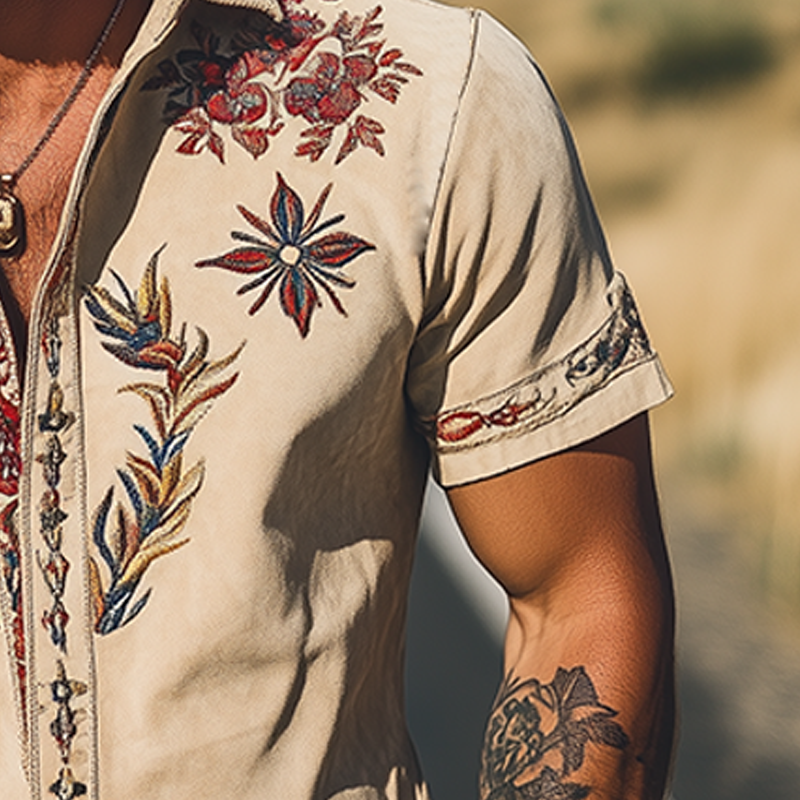 Light Khaki Embroidered Short Sleeve Shirt for Men