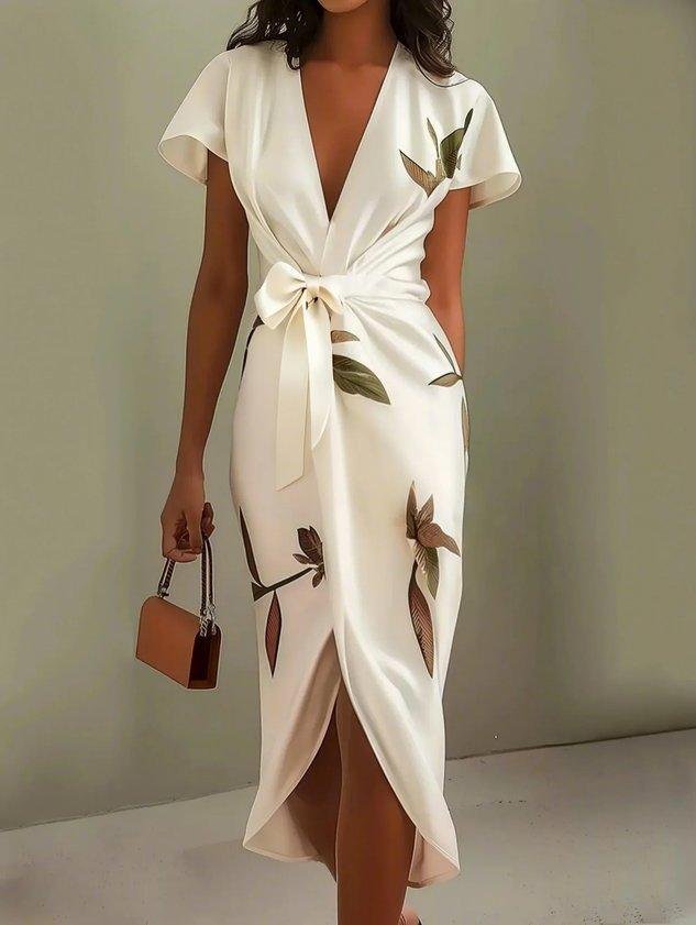 Floral Print Wrap Midi Dress for Women with V-Neckline