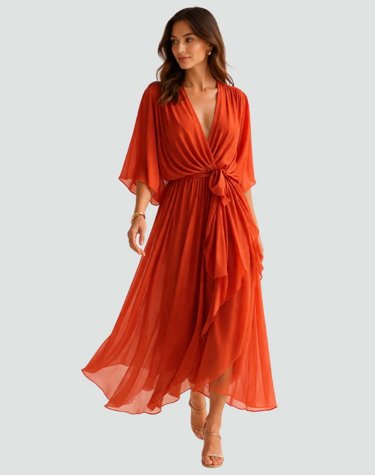Wrap Neckline Midi Dress for Women | Waist Tie Formal Occasion