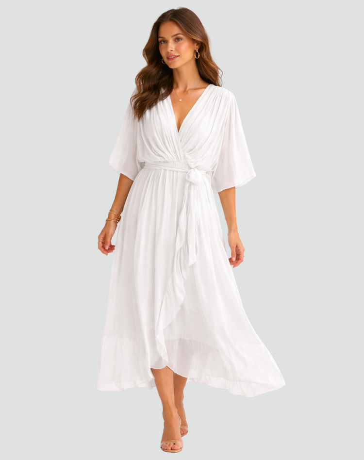 Wrap Neckline Midi Dress for Women | Waist Tie Formal Occasion