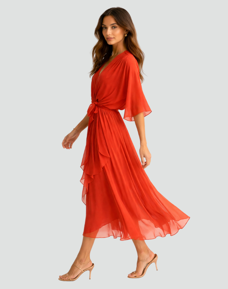 Wrap Neckline Midi Dress for Women | Waist Tie Formal Occasion