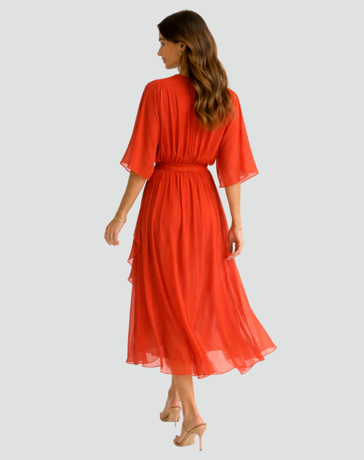 Wrap Neckline Midi Dress for Women | Waist Tie Formal Occasion