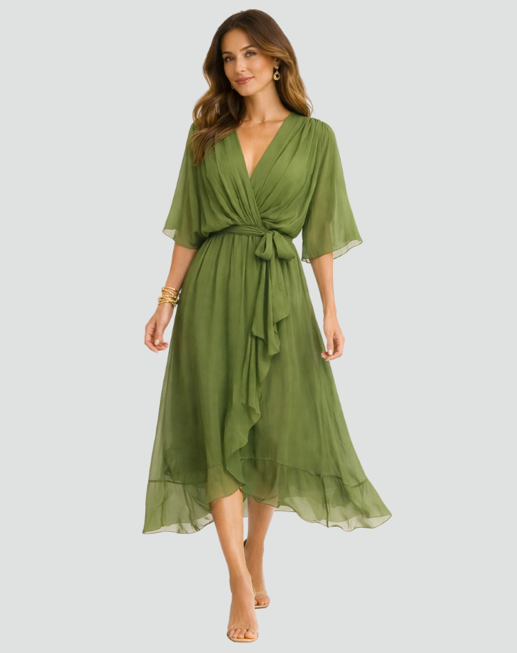 Wrap Neckline Midi Dress for Women | Waist Tie Formal Occasion