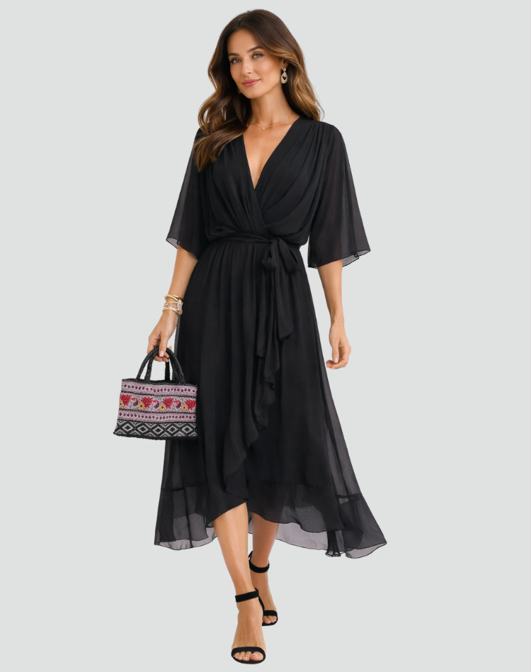 Wrap Neckline Midi Dress for Women | Waist Tie Formal Occasion