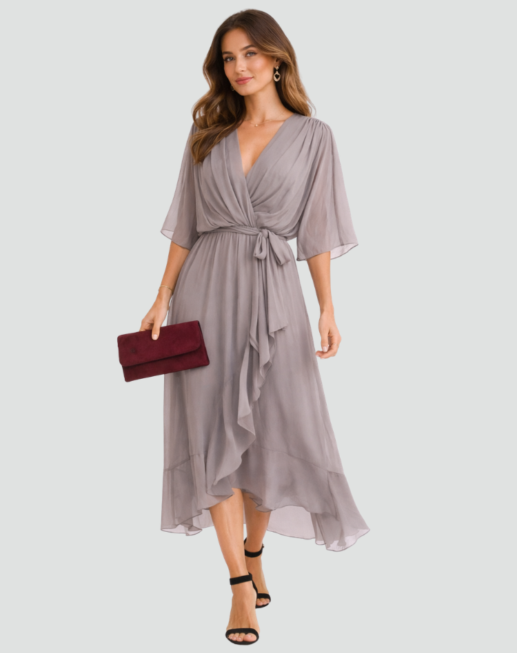 Wrap Neckline Midi Dress for Women | Waist Tie Formal Occasion