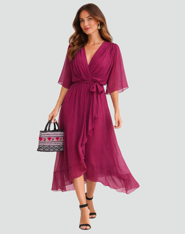 Wrap Neckline Midi Dress for Women | Waist Tie Formal Occasion