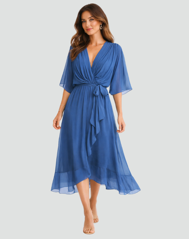 Wrap Neckline Midi Dress for Women | Waist Tie Formal Occasion