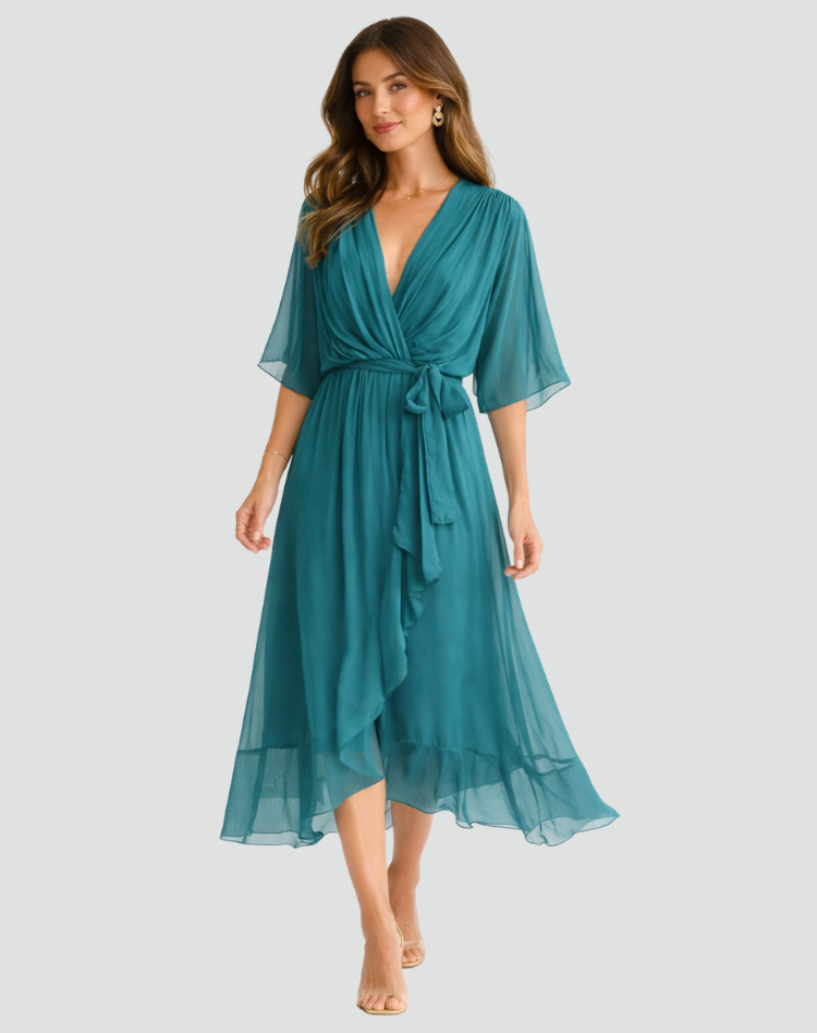 Wrap Neckline Midi Dress for Women | Waist Tie Formal Occasion