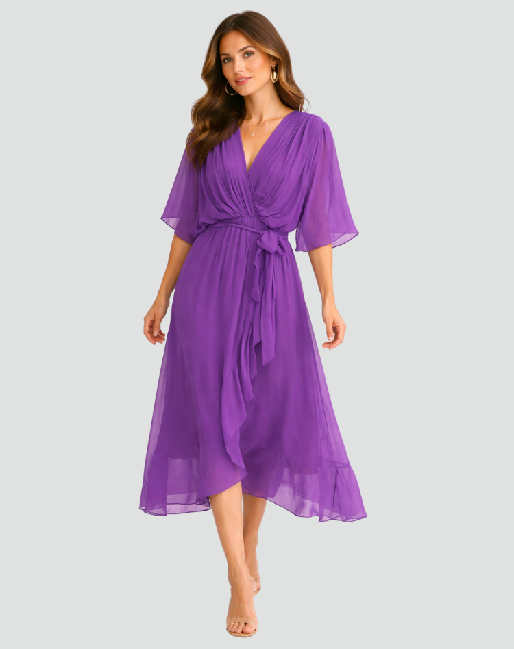 Wrap Neckline Midi Dress for Women | Waist Tie Formal Occasion