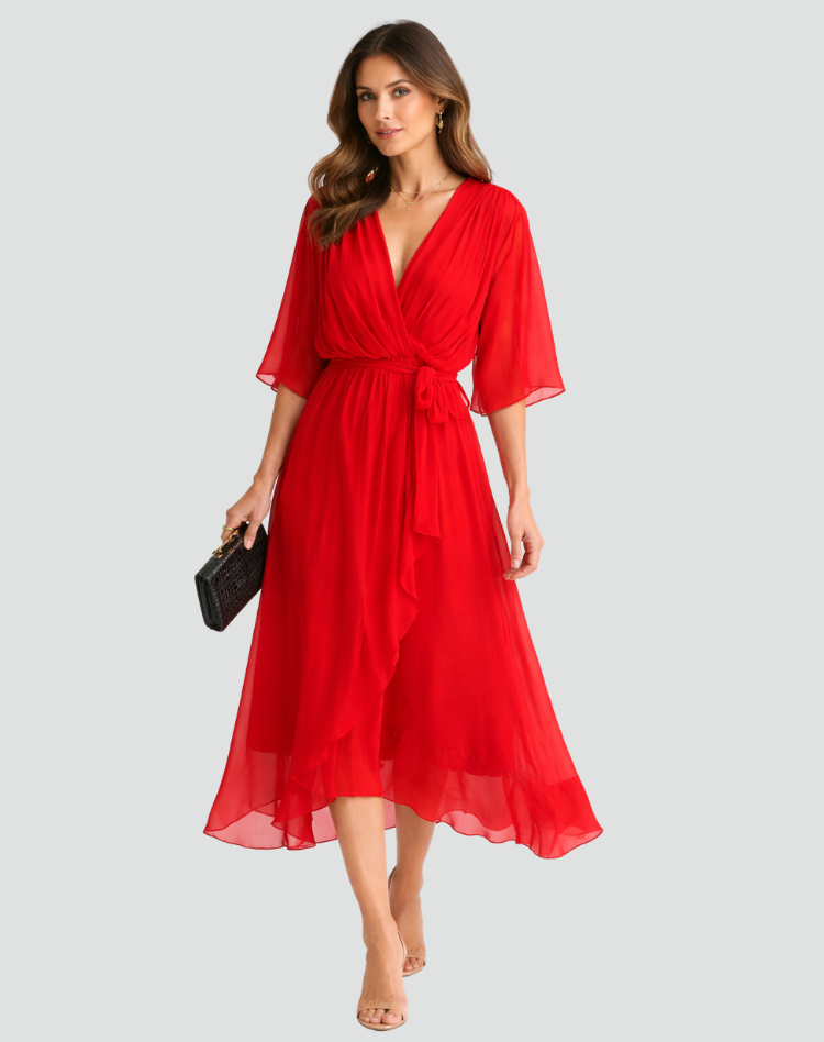 Wrap Neckline Midi Dress for Women | Waist Tie Formal Occasion