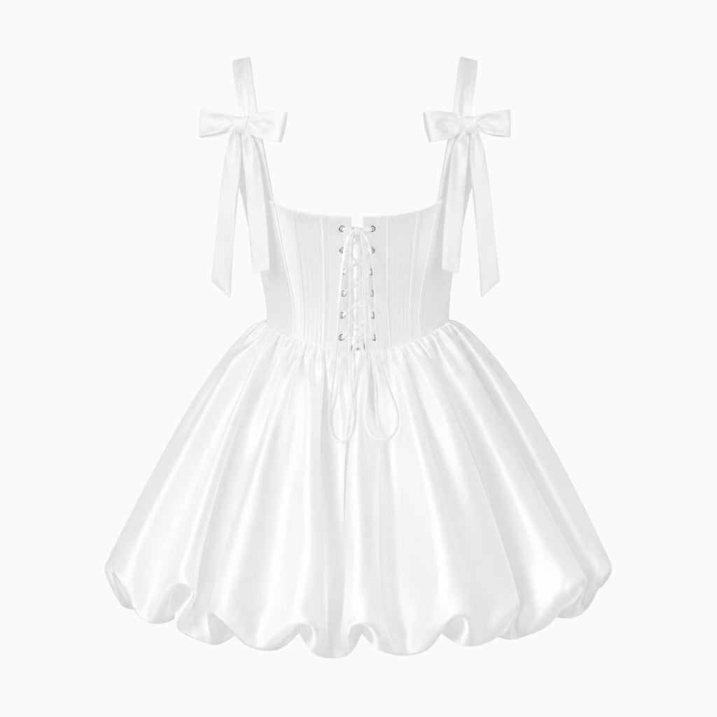 White Corset Mini Dress for Women | Bubble Skirt with Lace-Up Back
