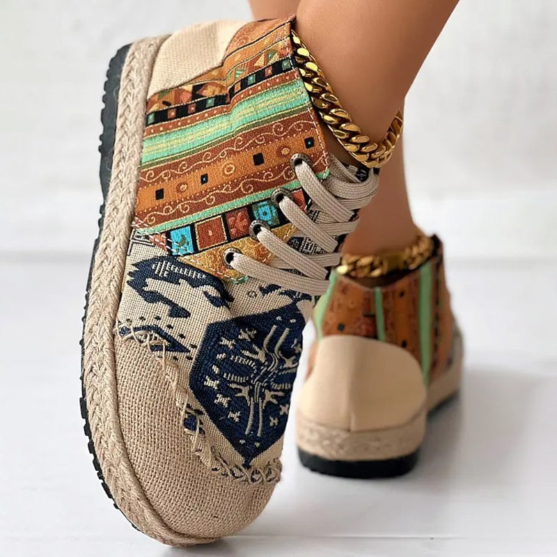 Bohemian Patterned Platform High Top Sneakers for Women | Lace Up Casual Wear
