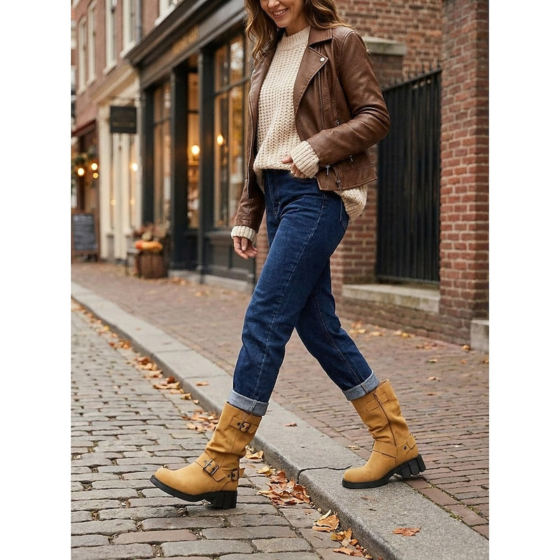 Mid Calf Vintage Buckle Biker Boots with Block Heel and Lug Sole for Women