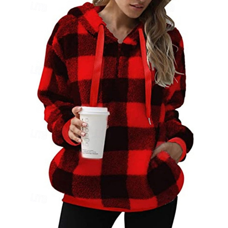 Checkered Quarter Zip Pullover Hoodie with Front Pocket for Women | Relaxed Fit