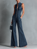 Blue High Neck Flared Leg Sleeveless Jumpsuit for Women