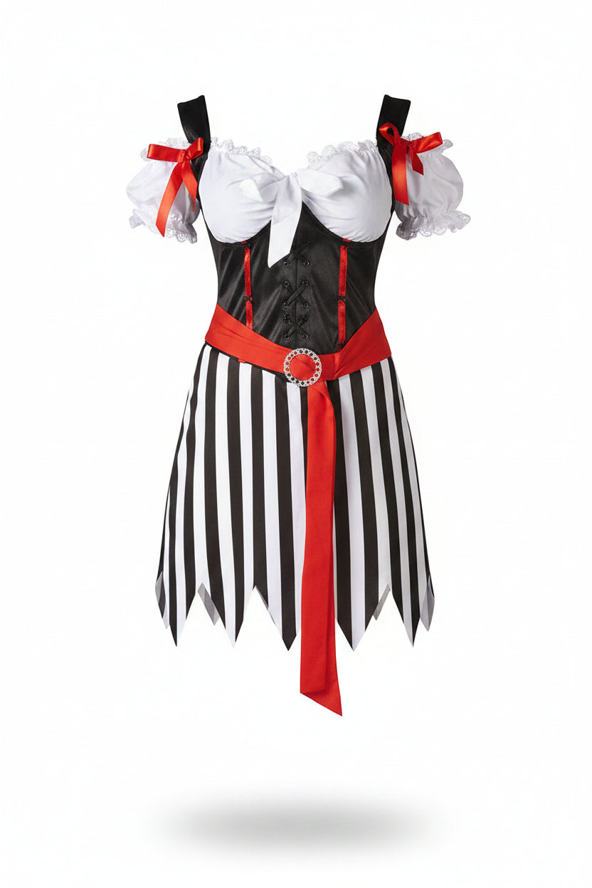 Black and White Striped Pirate Costume Dress with Puff Sleeves for Women