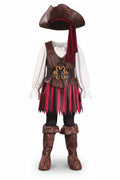 Brown Red Striped Pirate Costume Dress with Tricorn Hat and Belt for Girls