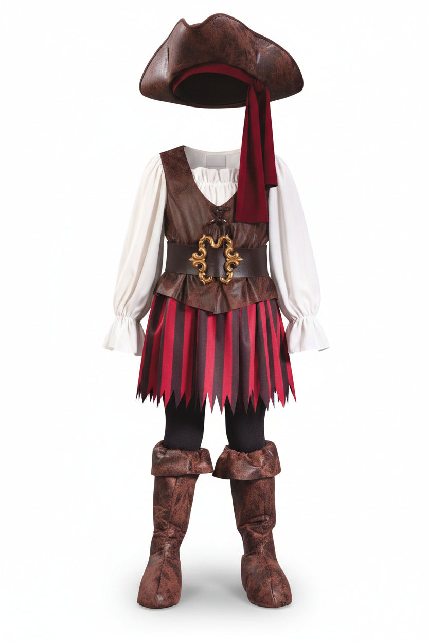 Brown Red Striped Pirate Costume Dress with Tricorn Hat and Belt for Girls