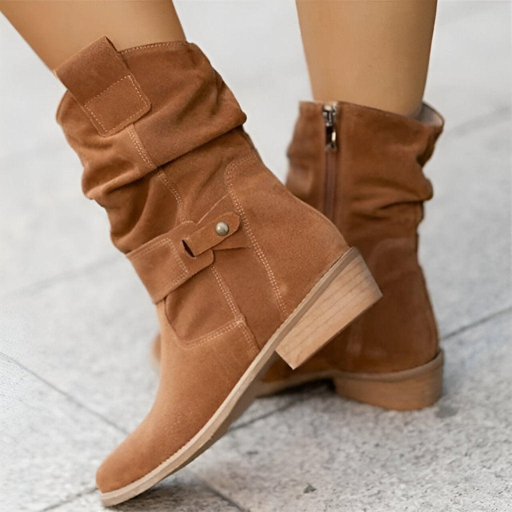 Faux Suede Round Toe Low Heel Boots with Plush Lining for Women