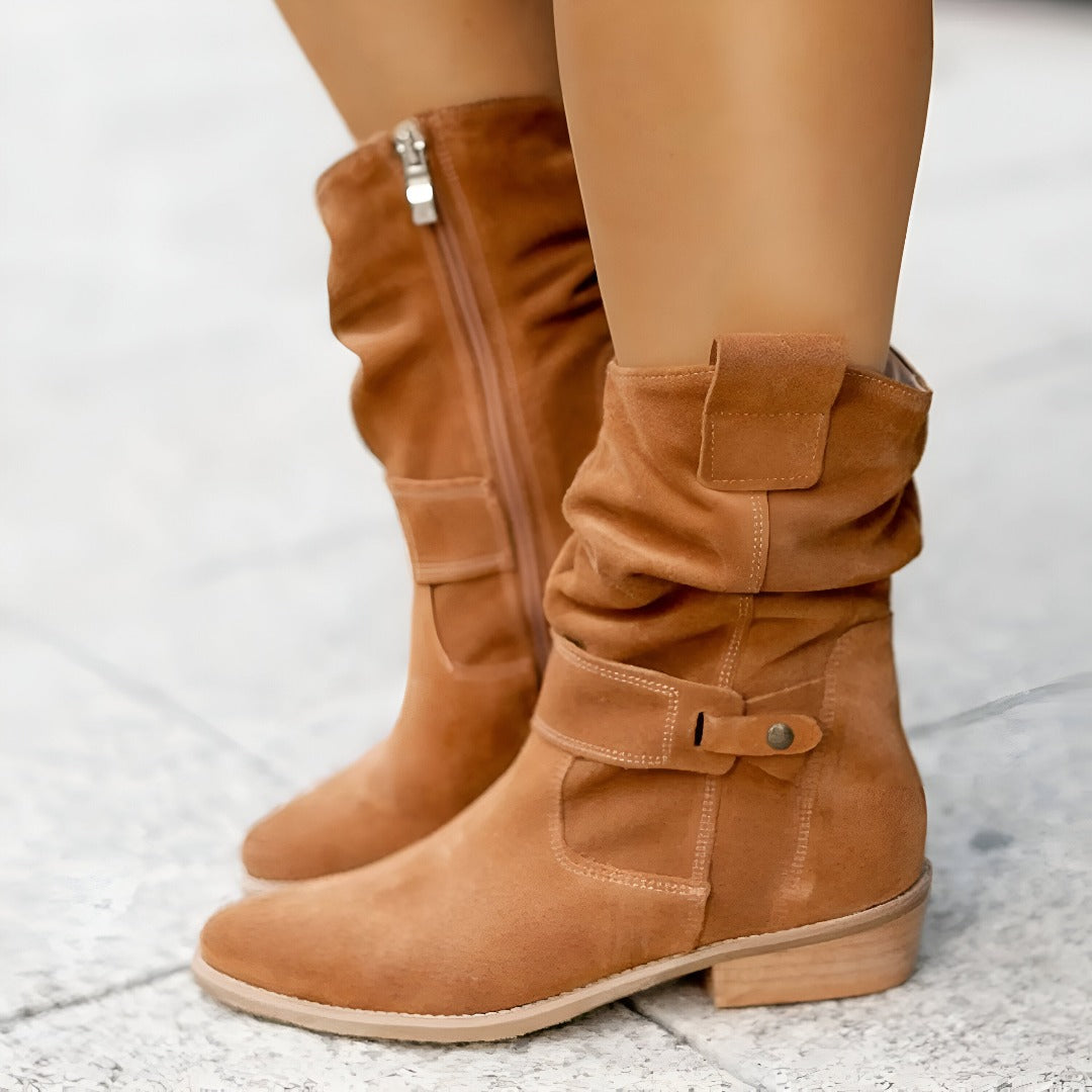 Faux Suede Round Toe Low Heel Boots with Plush Lining for Women