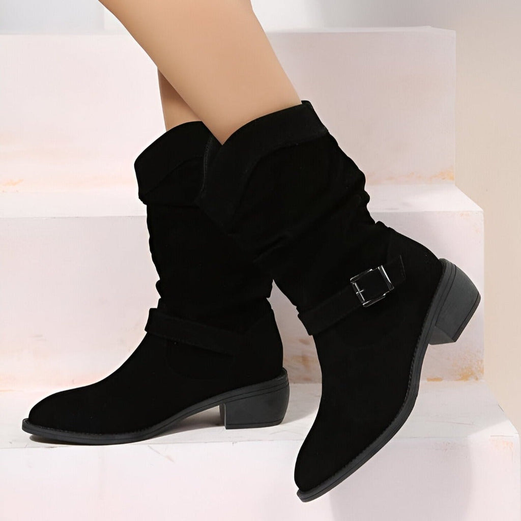 Faux Suede Round Toe Low Heel Boots with Plush Lining for Women