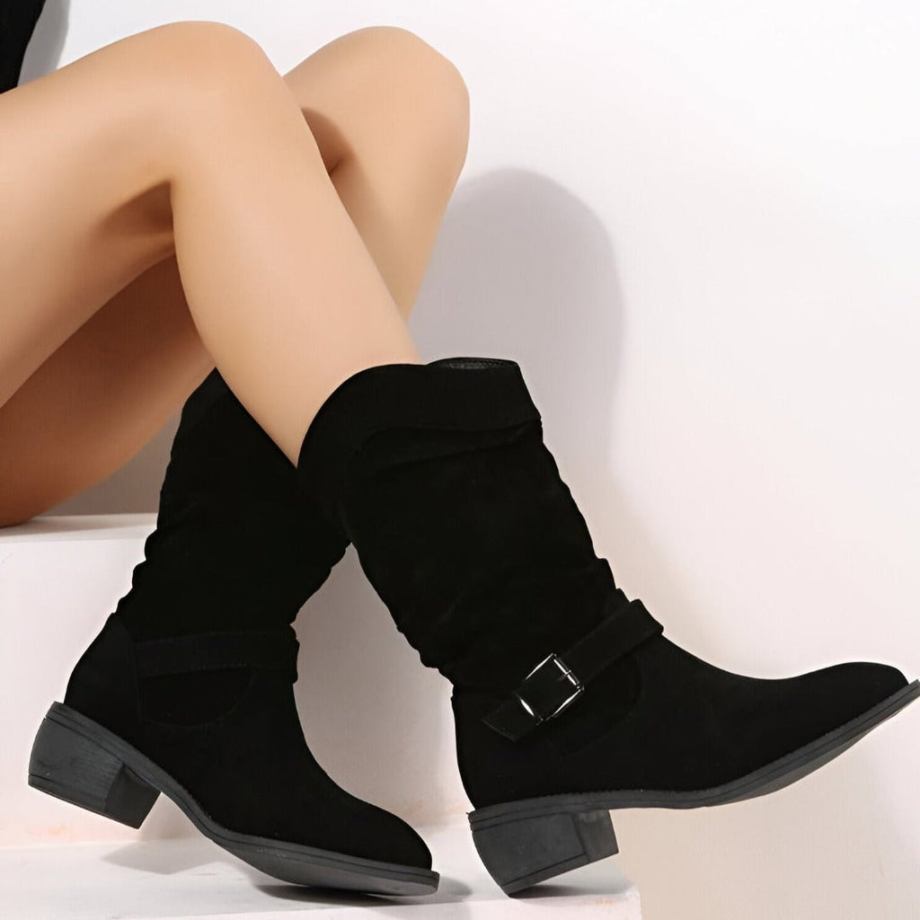 Faux Suede Round Toe Low Heel Boots with Plush Lining for Women