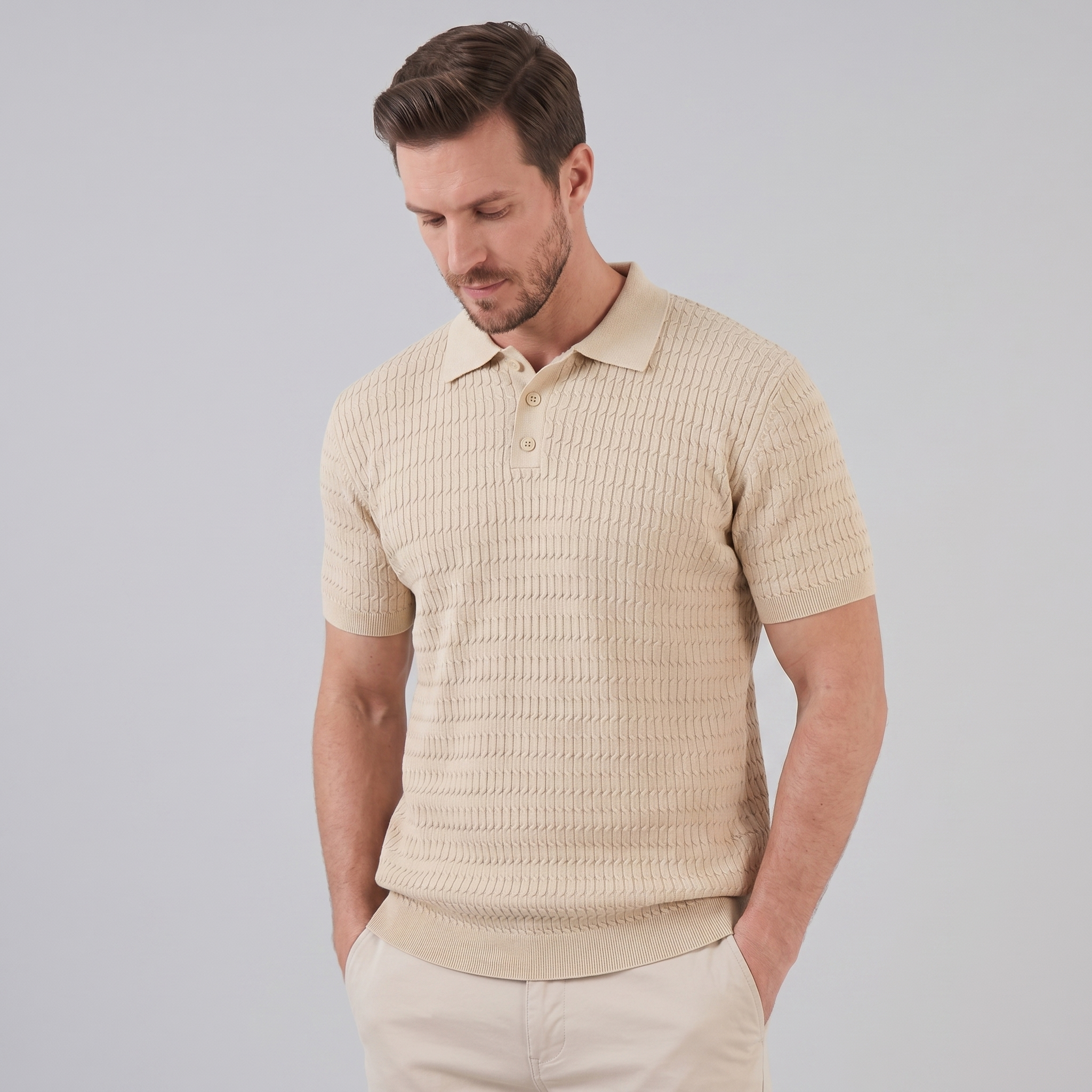 Teal Cable Knit Slim Fit Polo Shirt for Men