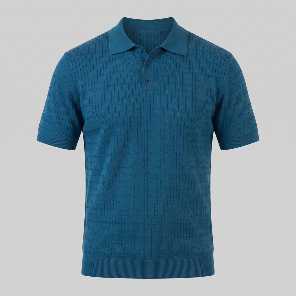 Teal Cable Knit Slim Fit Polo Shirt for Men