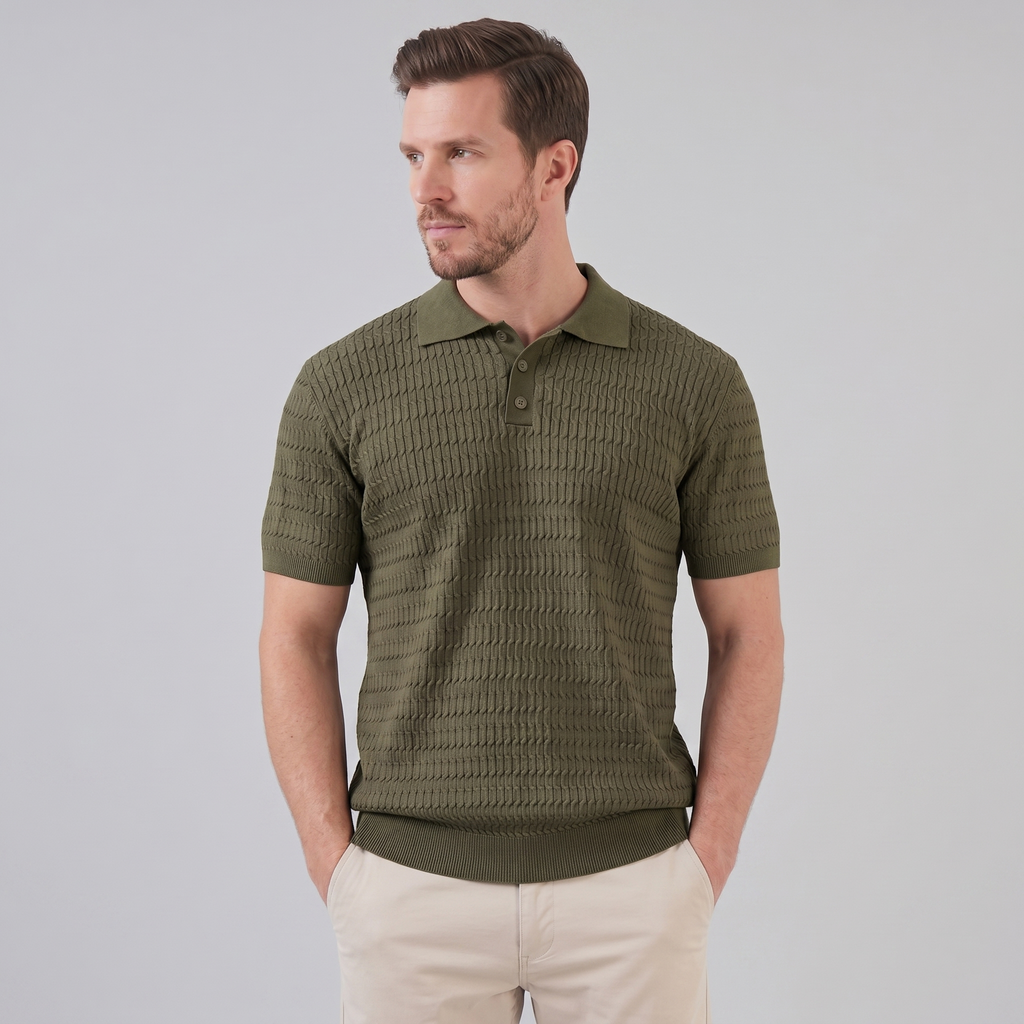 Teal Cable Knit Slim Fit Polo Shirt for Men