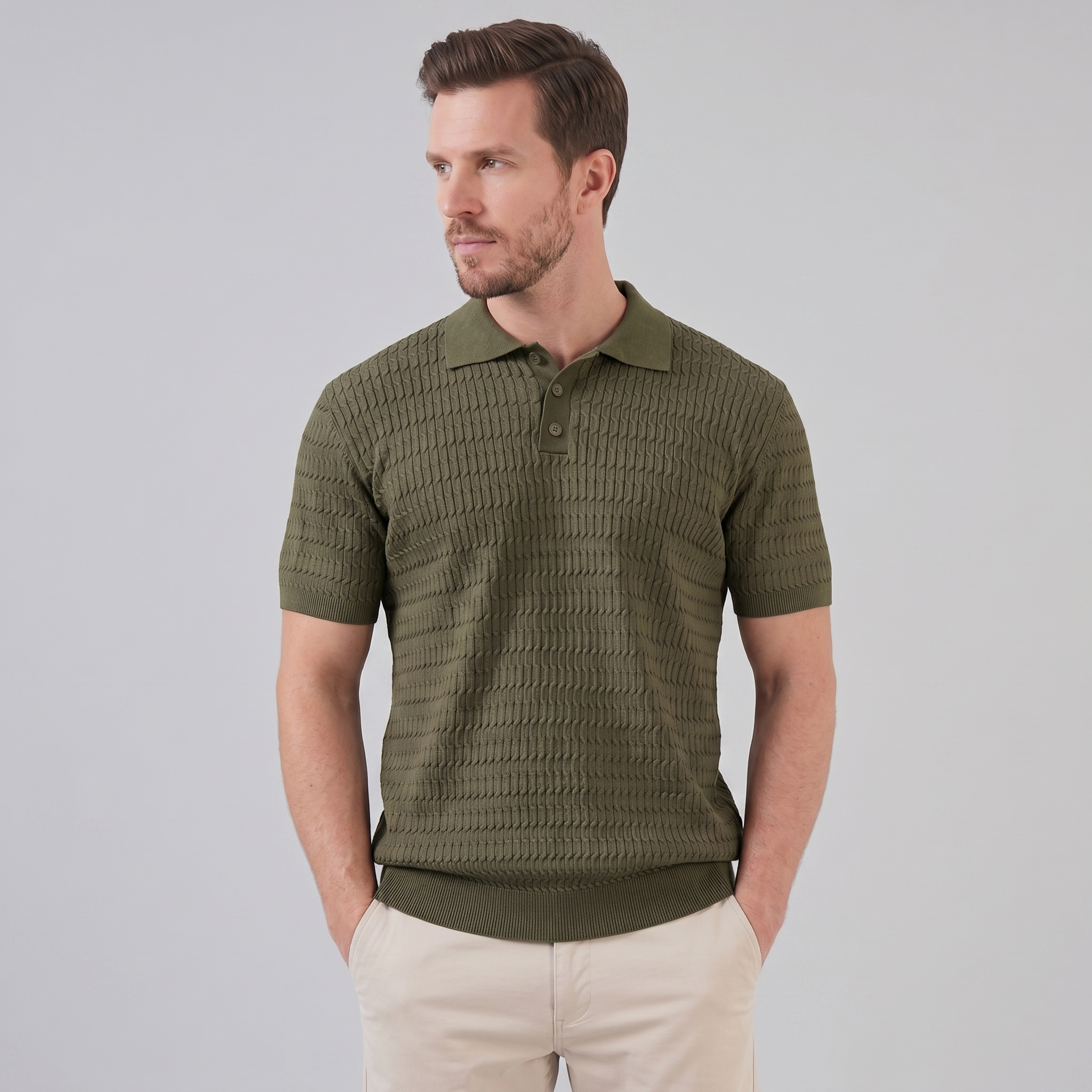 Teal Cable Knit Slim Fit Polo Shirt for Men