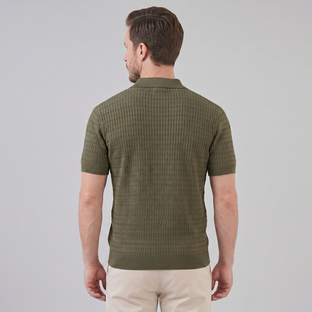 Teal Cable Knit Slim Fit Polo Shirt for Men