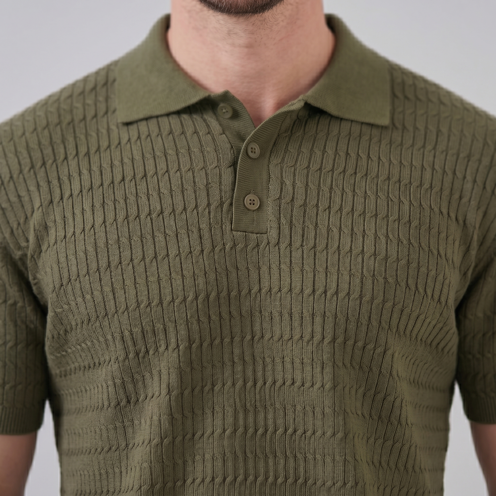 Teal Cable Knit Slim Fit Polo Shirt for Men