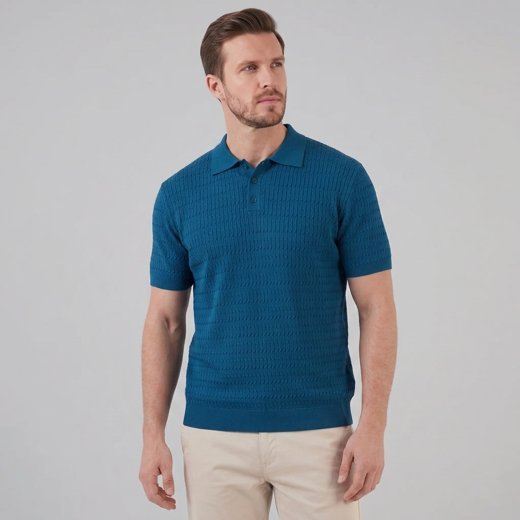 Teal Cable Knit Slim Fit Polo Shirt for Men