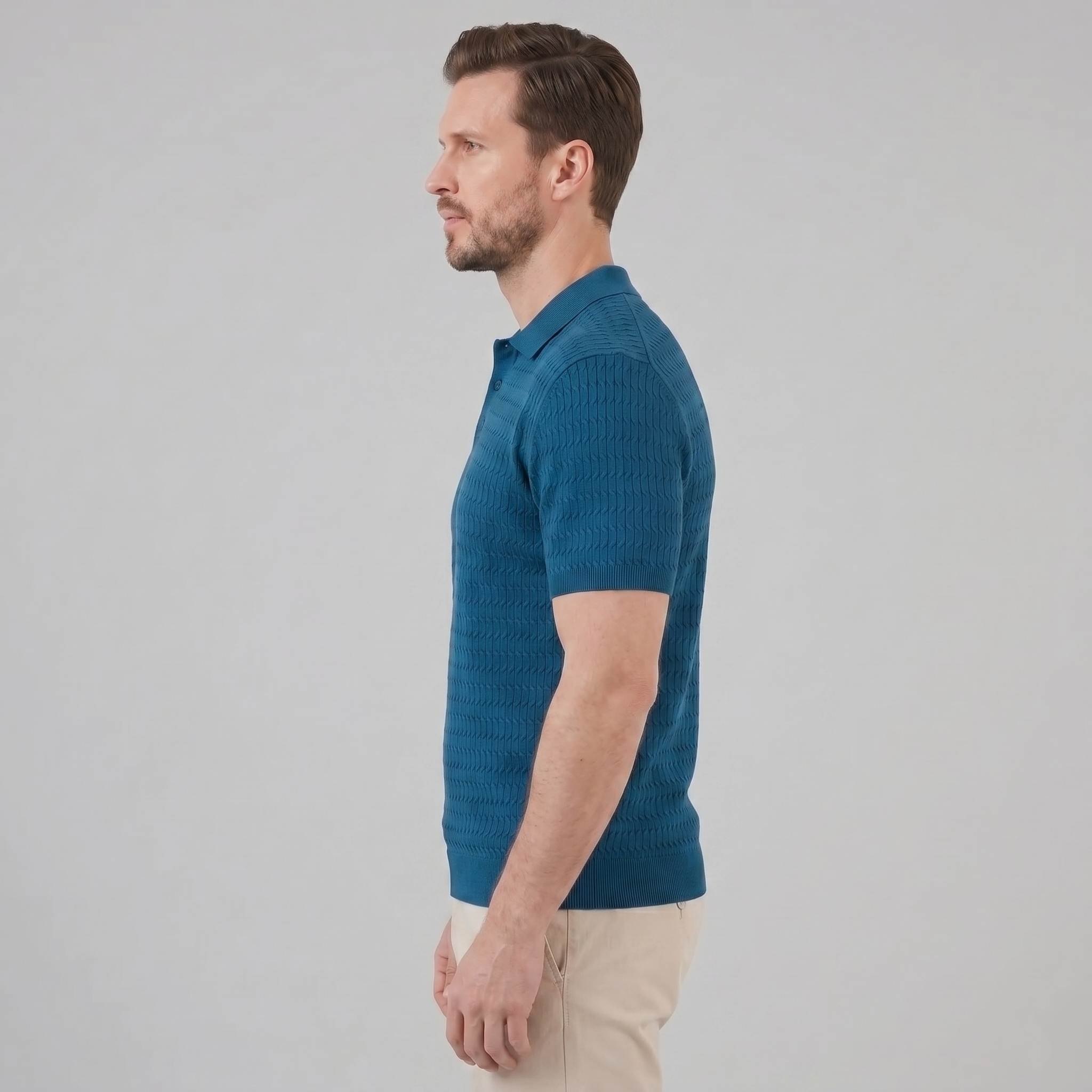 Teal Cable Knit Slim Fit Polo Shirt for Men