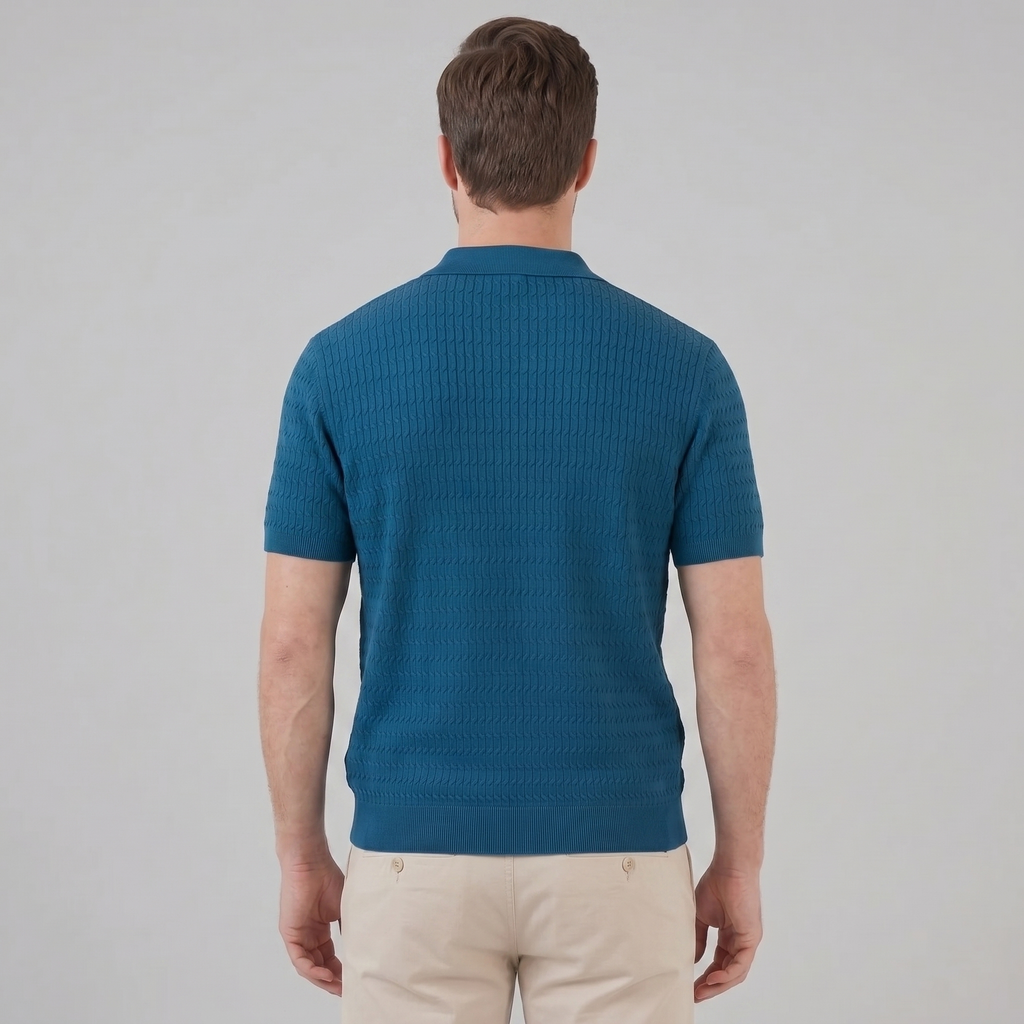 Teal Cable Knit Slim Fit Polo Shirt for Men