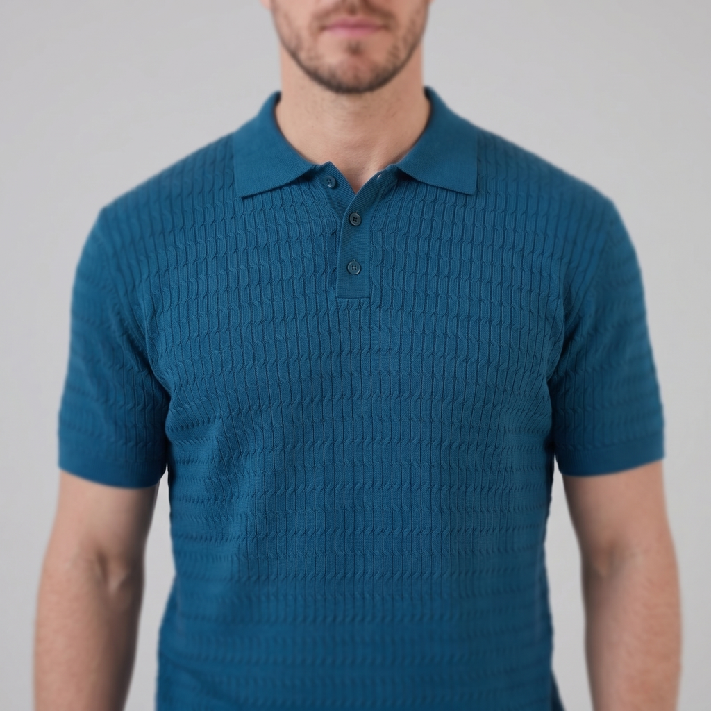 Teal Cable Knit Slim Fit Polo Shirt for Men
