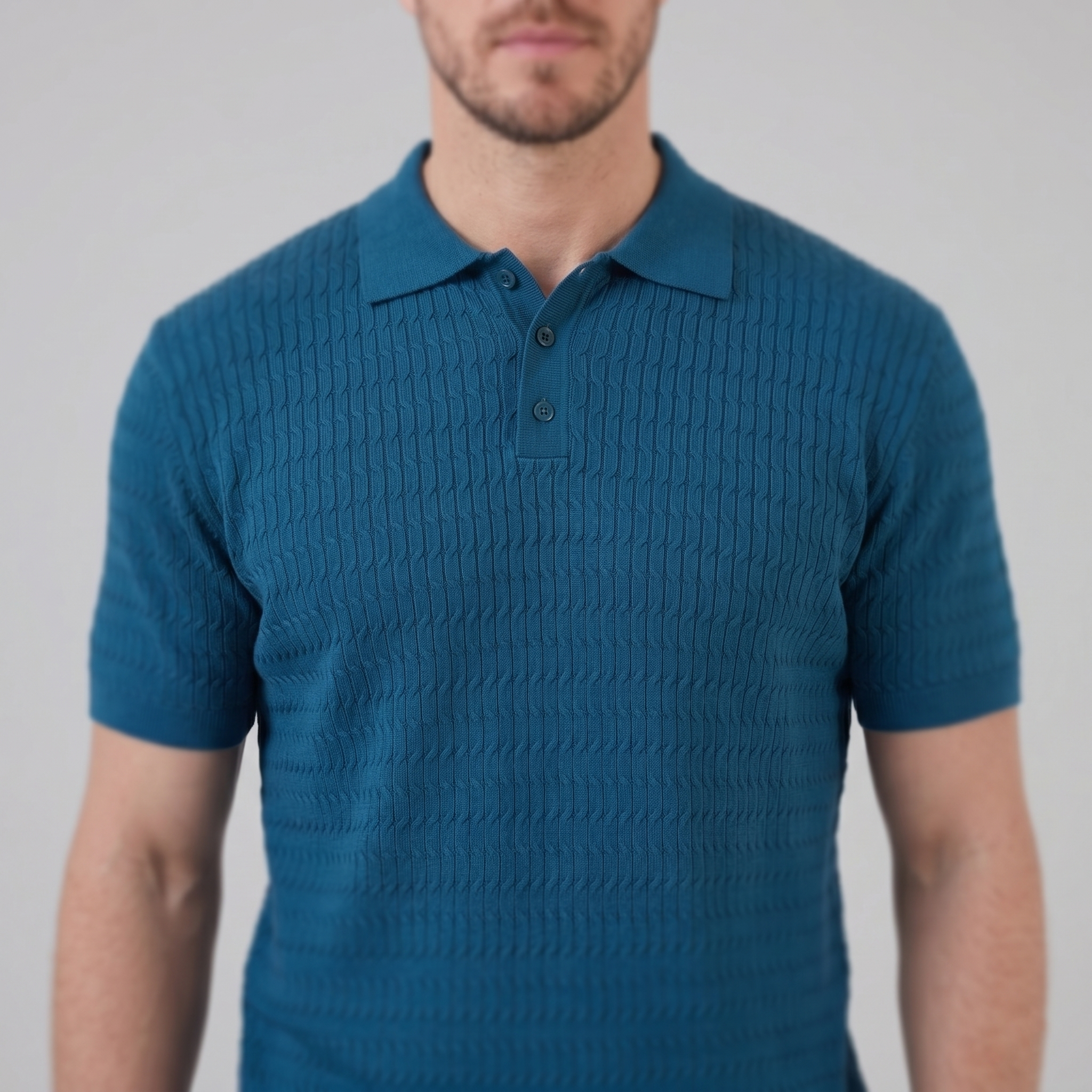 Teal Cable Knit Slim Fit Polo Shirt for Men