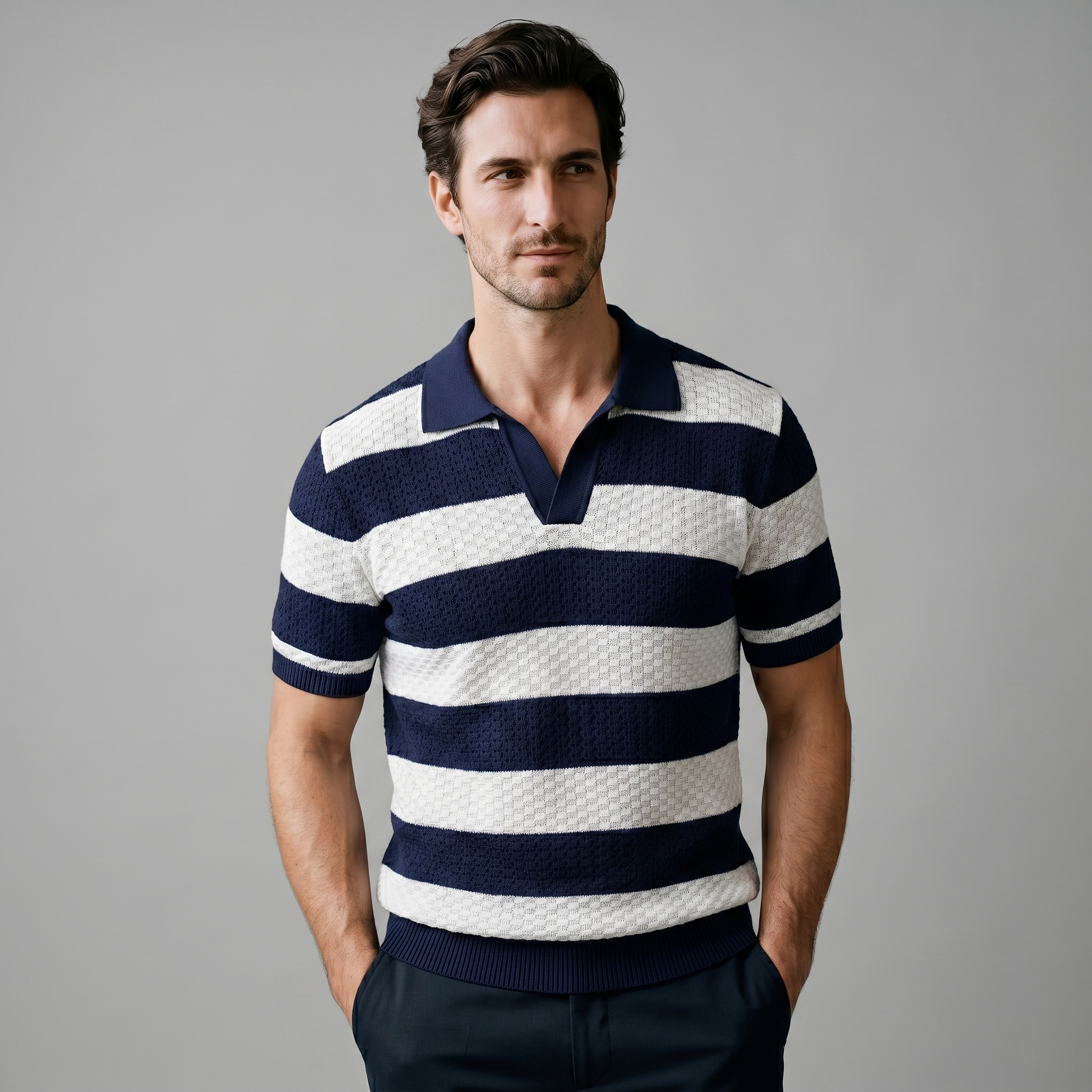 Navy Striped Jacquard Knit Polo Shirt for Men