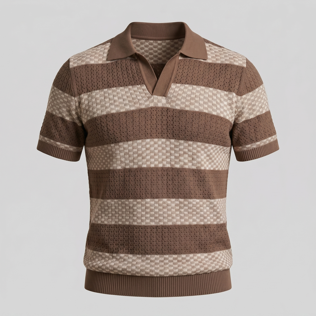 Navy Striped Jacquard Knit Polo Shirt for Men