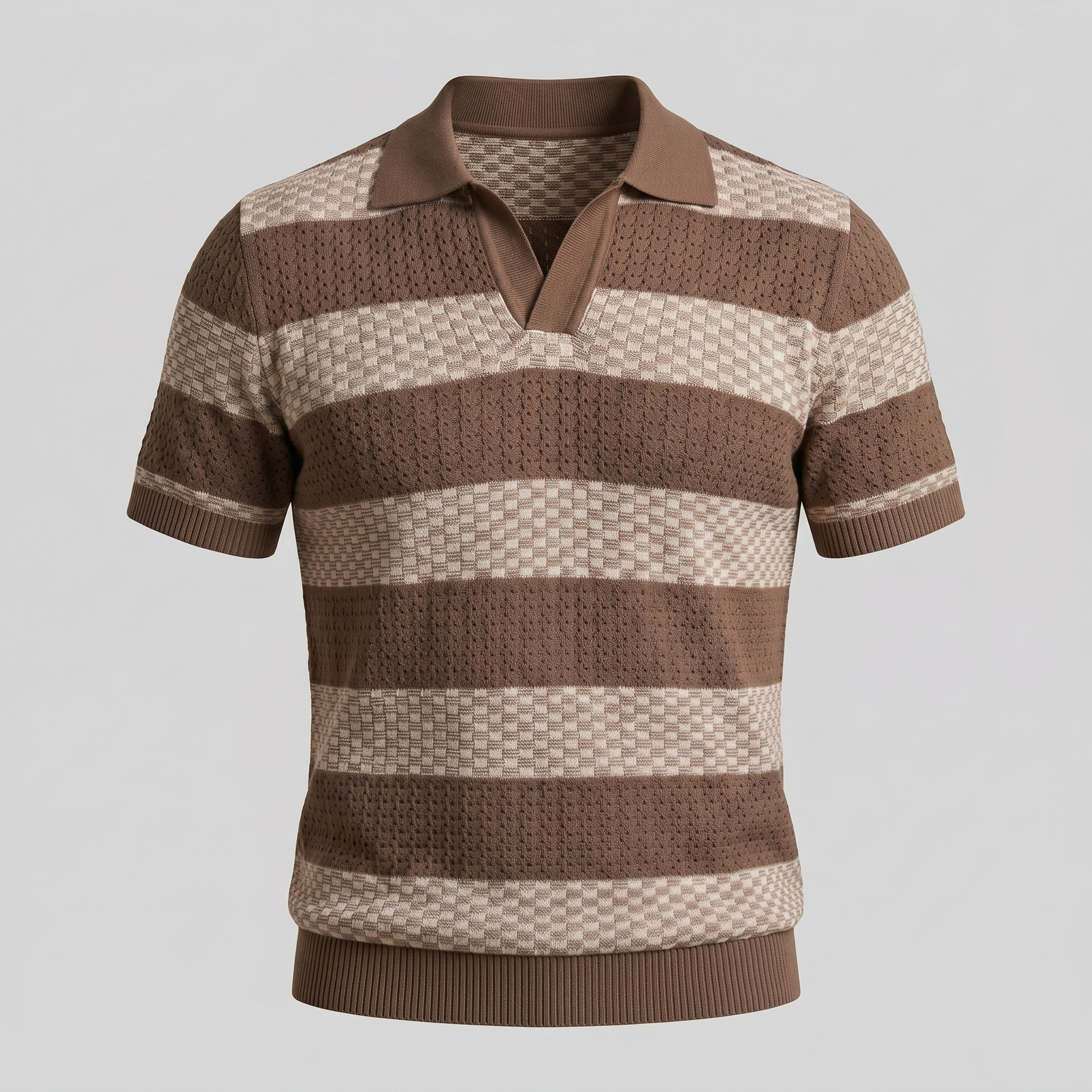 Navy Striped Jacquard Knit Polo Shirt for Men
