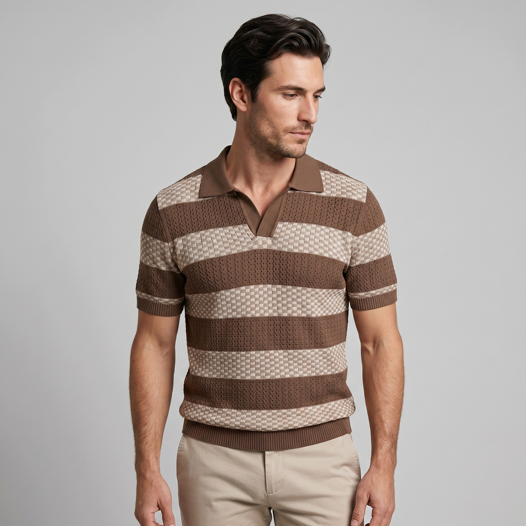 Navy Striped Jacquard Knit Polo Shirt for Men