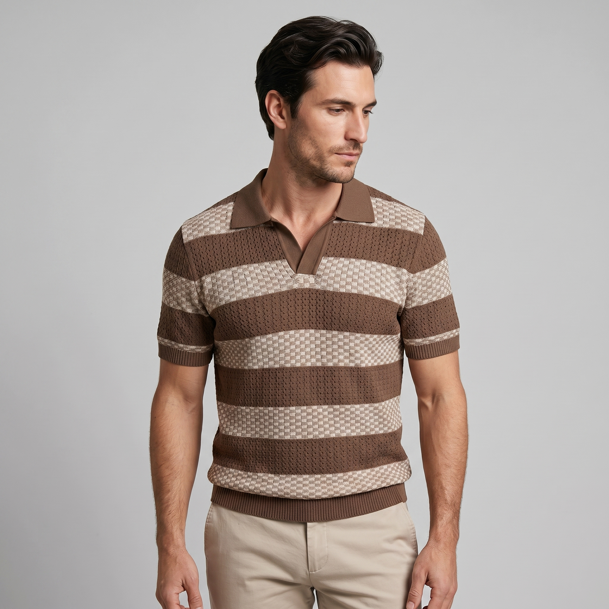 Navy Striped Jacquard Knit Polo Shirt for Men