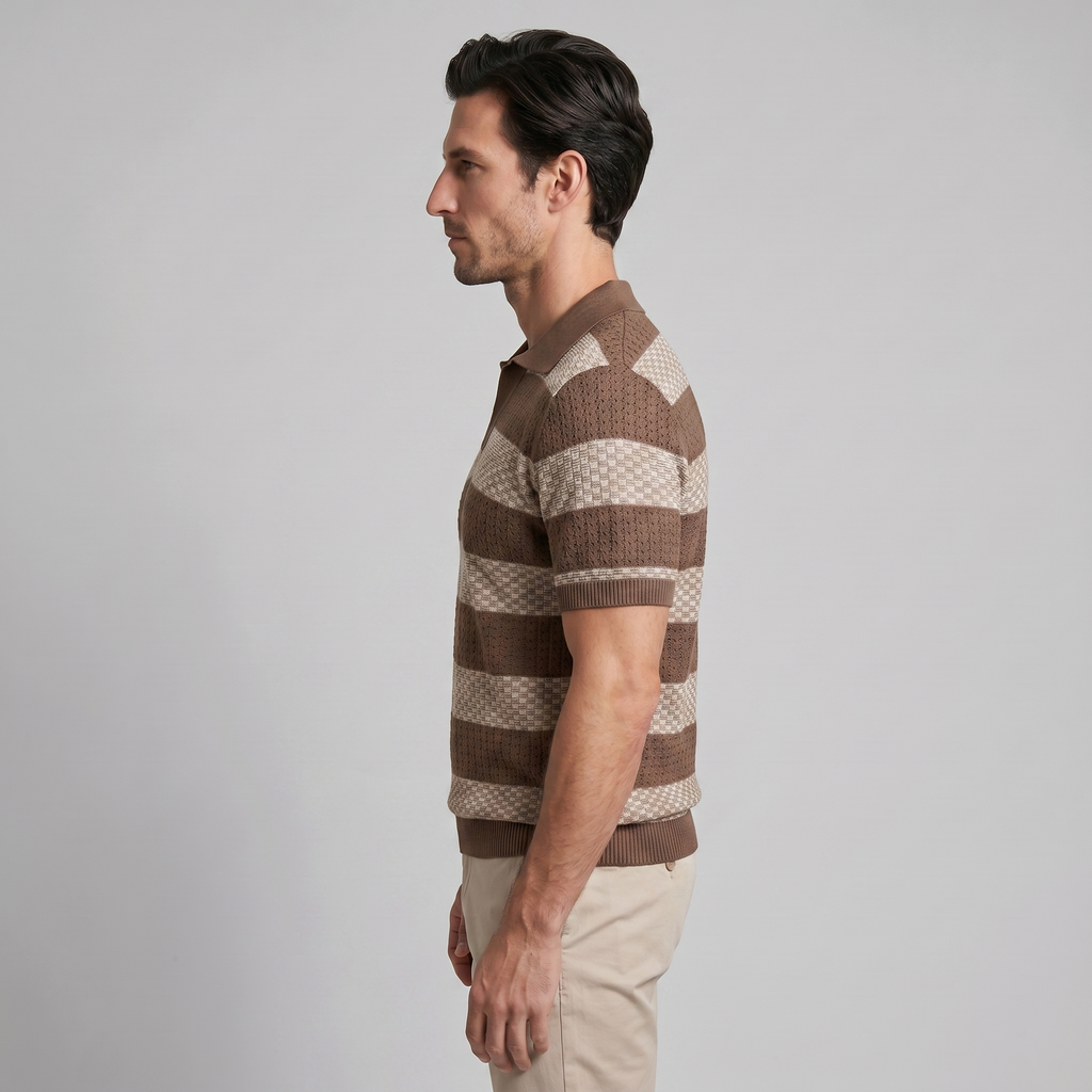 Navy Striped Jacquard Knit Polo Shirt for Men